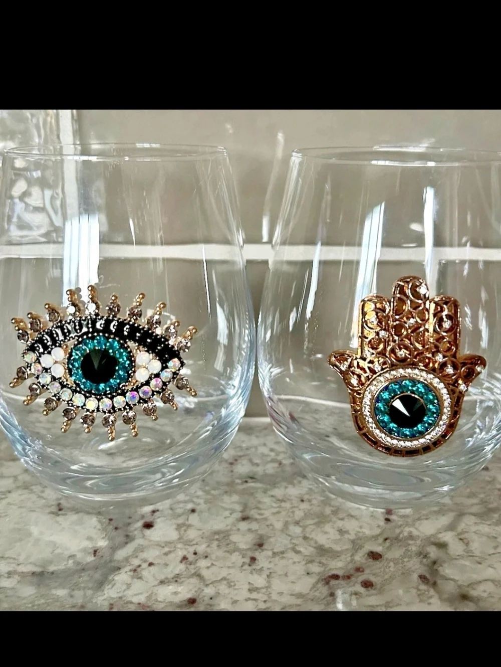 Jeweled Rhinestone Hamsa Evil Eye Mati Nazar Mal De Ojo Cocktail Wine Glass Set
